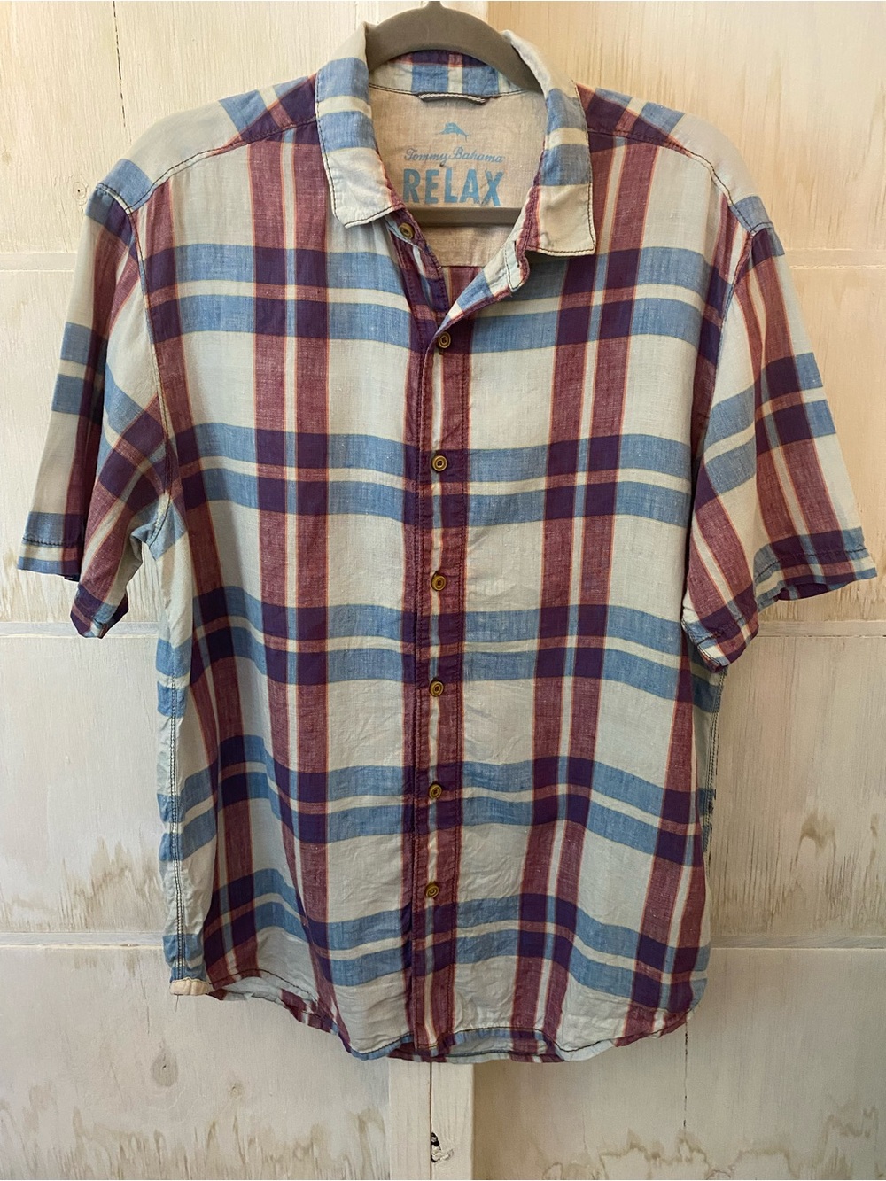 Tommy Bahama Relax Plaid Linen Short-Sleeve Button-Down - Blue & Red L/XL